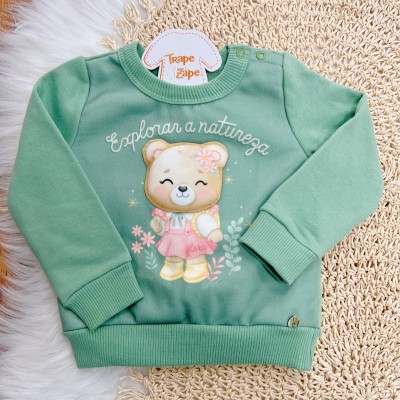 Conj. Casaco de Moletom Explorar a Natureza e Calça Legging Ursinha - Verde e Areia